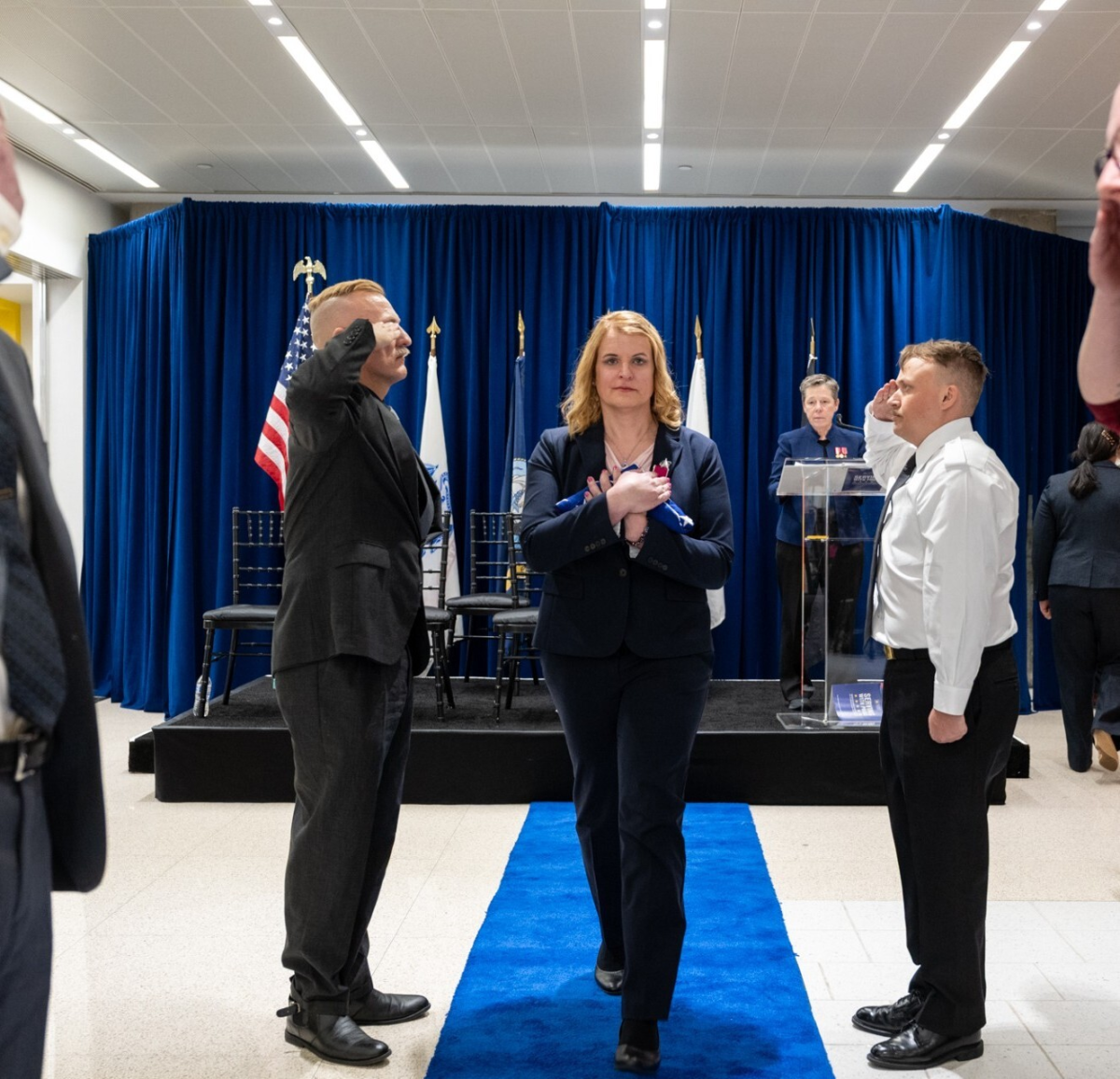 Col. Bree Fram of the U.S. Air Force participates in a retirement ceremony for transgender service members in Washington, D.C.