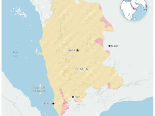 A map showing territory captured by the Houthis in Yemen.