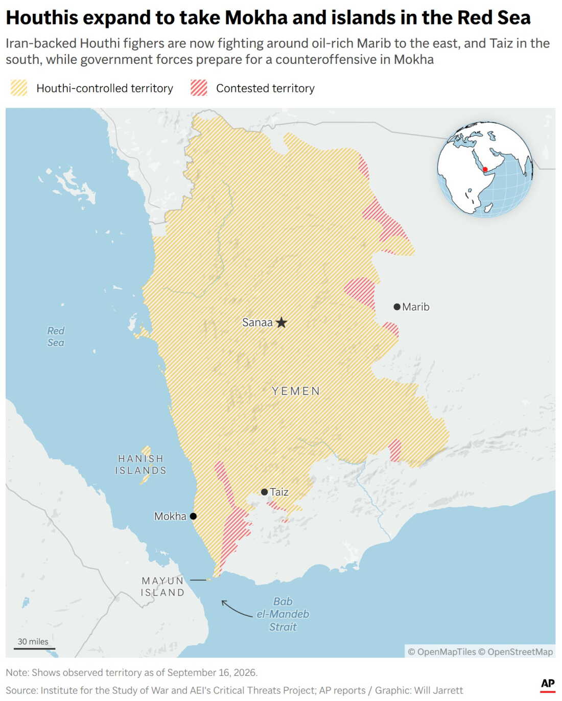 A map showing territory captured by the Houthis in Yemen.