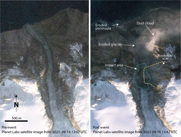 Satellite images show a mountain top and glacier 30 minutes before a landslide, and 7 minutes after the