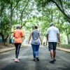 Halka açık parkta kıdemli çiftle yürüyen fitness eğitmeni
