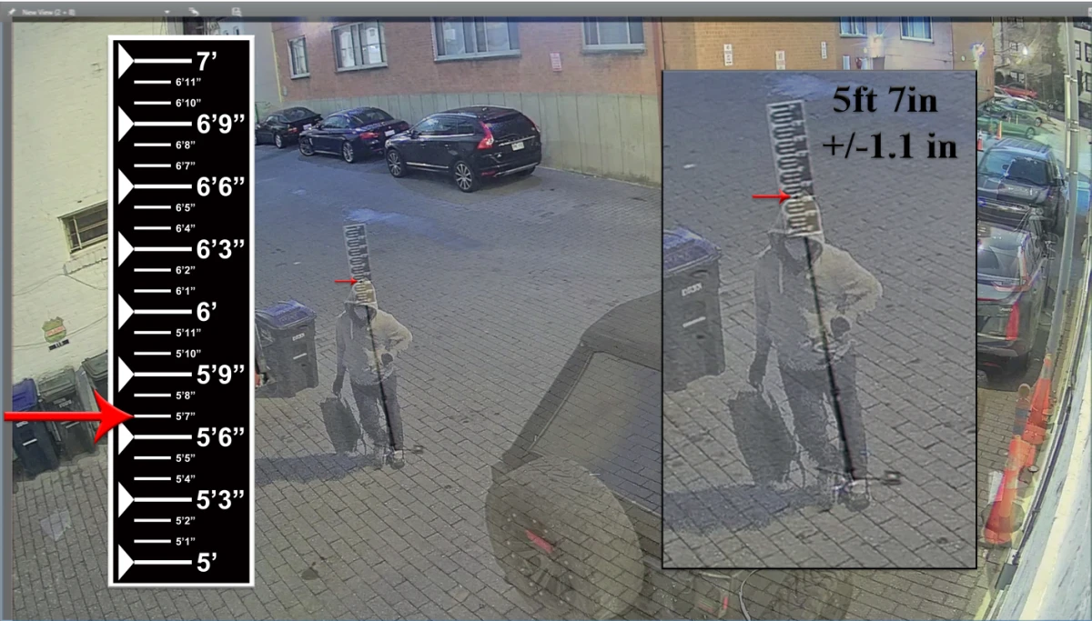 The FBI released this image with a size chart showing the height of the alleged pipe bomber — 5 foot 7 inches.