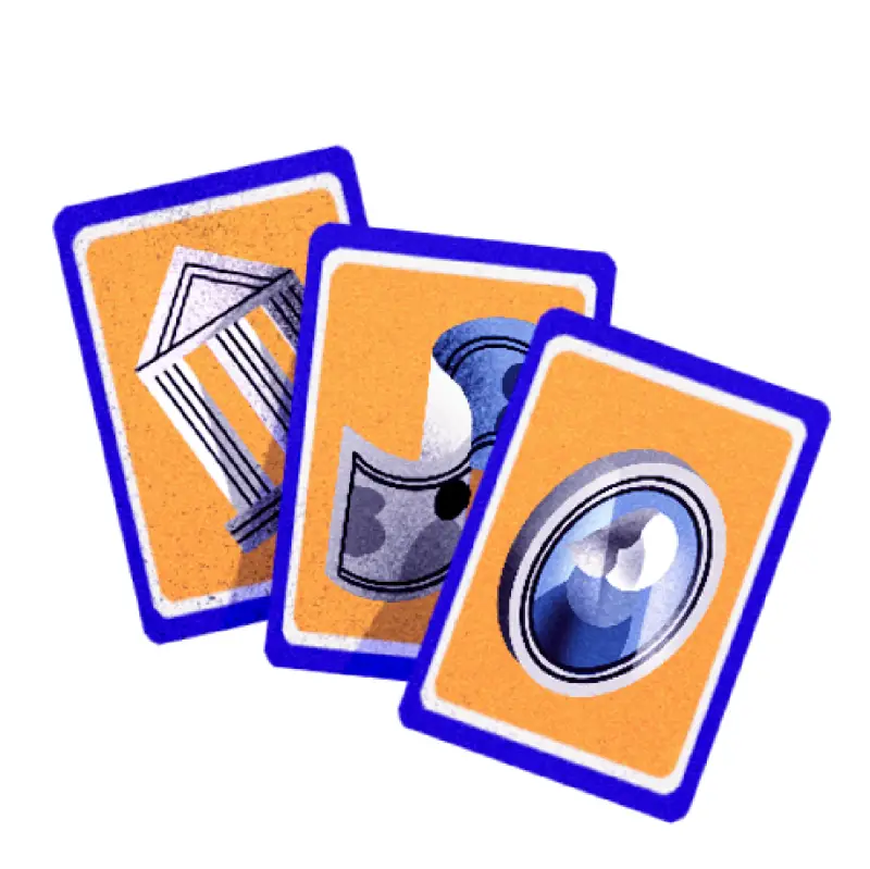 Three playing cards hang in the air. One with a coin, one with a dollar, and one with a school.