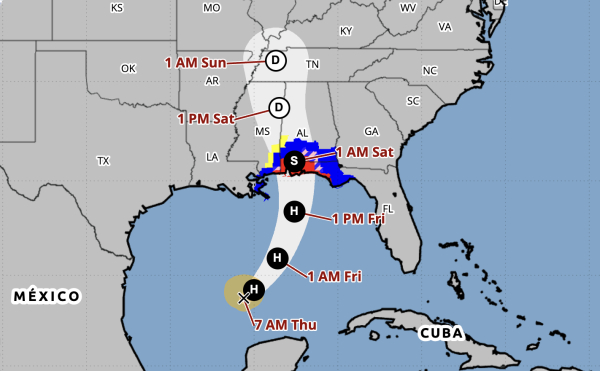 A prediction cone shows the likely path of Hurricane Isaias as it barrels into the northern Gulf Coast. Forecasters say the storm will bring dangerous winds and storm surge when it makes landfall.