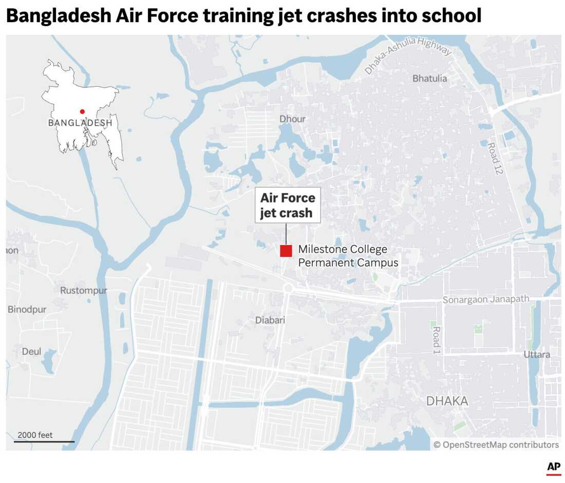 The map above shows the location of an Air Force jet that crashed into a school in Bangladesh.