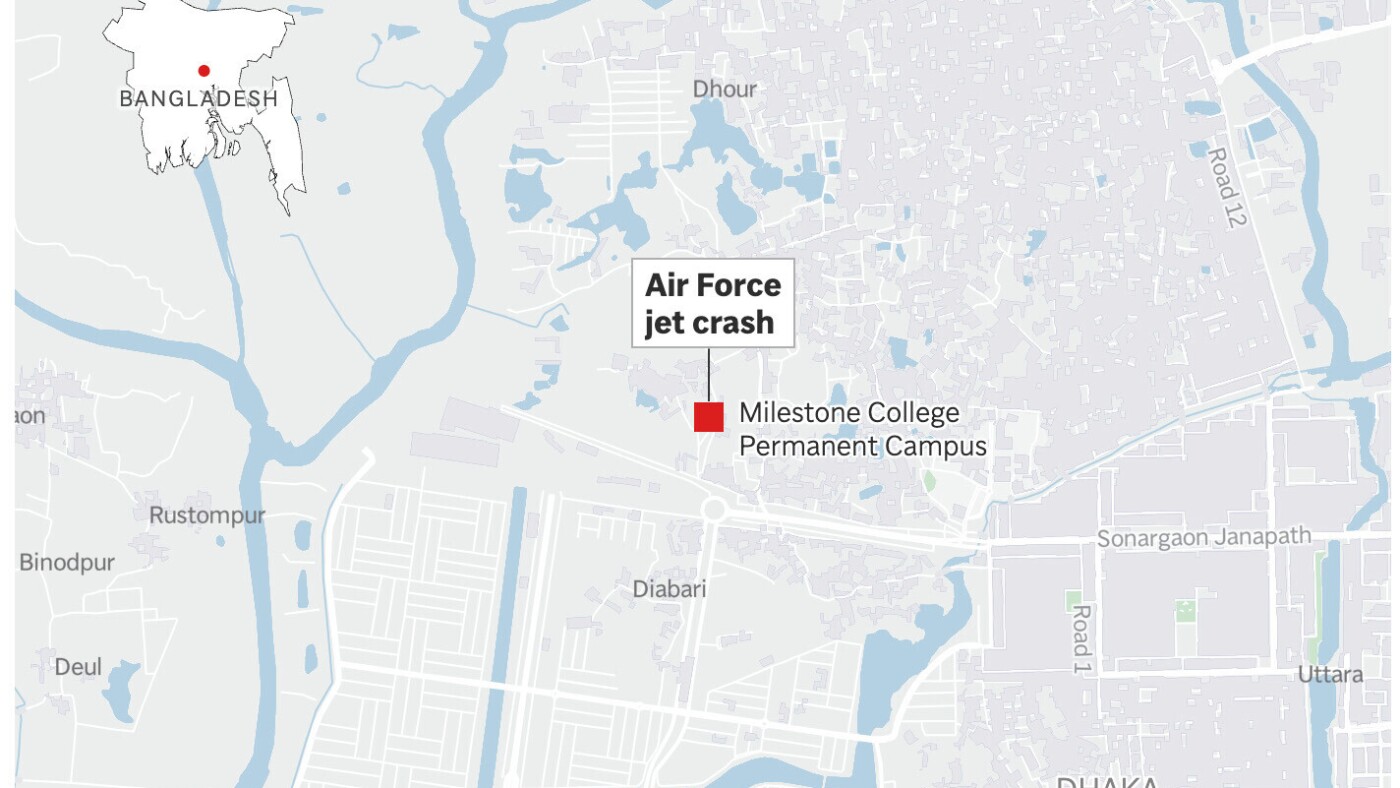 A Bangladesh Air Force training jet crashes into a Dhaka school, killing at least 19