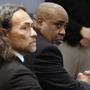 Duane Davis, right, and his attorney Michael Sanft sit in a courtroom after a jury found Davis guilty of first-degree murder in his trial related to the 1996 killing of rapper Tupac Shakur, at Clark County District Court Regional Justice Center, Monday, Aug. 31, 2026, in Las Vegas.