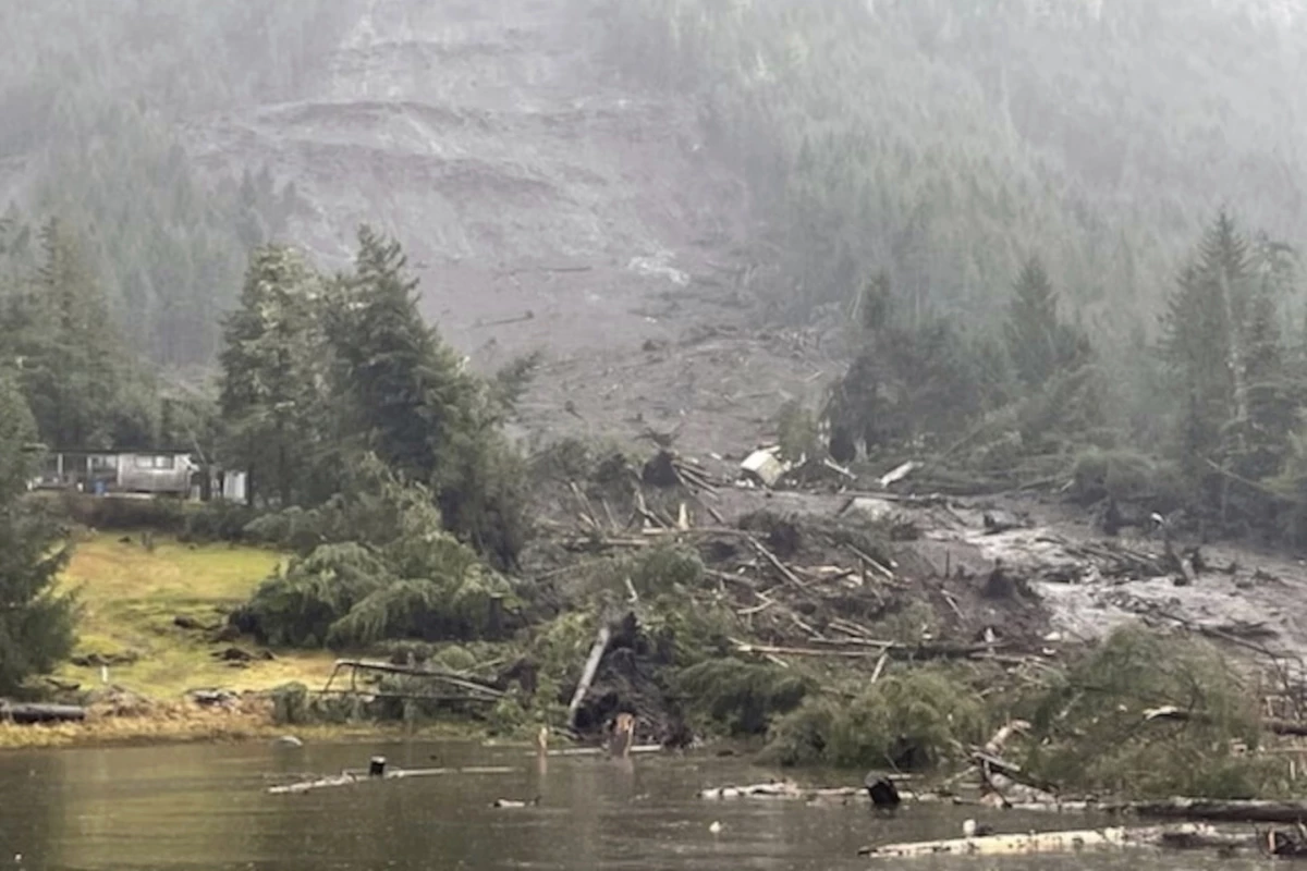 This photo provided by the U.S. Coast Guard shows the aftermath of a landslide in Wrangell, Alaska in November 2023.