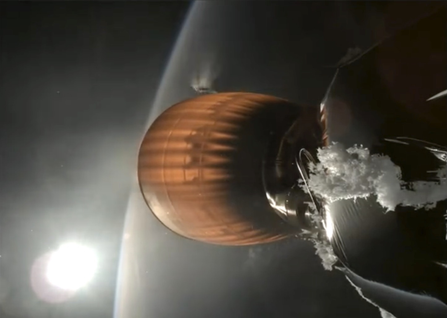 This image from video provided by SpaceX shows the upper stage engine of a SpaceX Falcon 9 rocket, which blasted off from California on Thursday.