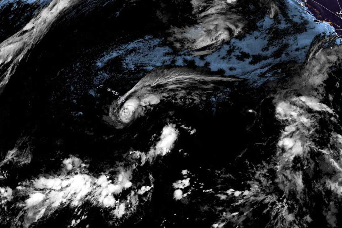 This satellite image released by NOAA shows Tropical Storm Lala over the Pacific Ocean, near Hawaii, Saturday, Aug. 15, 2026.