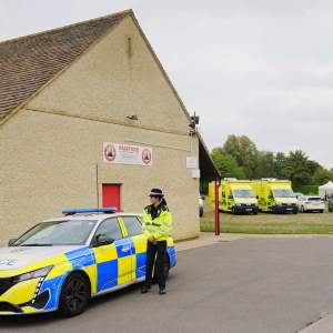 Emergency services at the scene of an incident close to RAF Fairford,, in Whelford, England, Sunday, Sept. 27, 2026.
