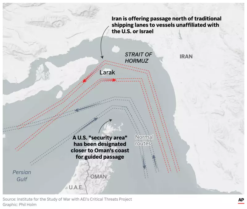 The image above shows the Strait of Hormuz and its traditional shipping routes and northern routes that Iran has opened to vessels unaffiliated with the U.S. or Israel.