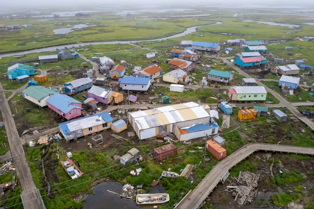 Kipnuk ten months after ex-typhoon Halong hit Alaska's coast in October of 2025.