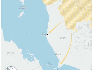 A map showing the Houthis capturing territory near the Bab el-Mandeb Strait.