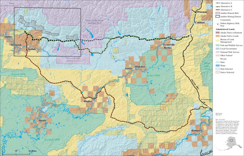 A 2023 map of the proposed Ambler Road project. Some of the land owners along the Dalton Highway Corridor may have changed. In February, the Department of Interior announced it would cede millions of acres along the corridor to the state of Alaska. The land transfer has been challenged in court.
