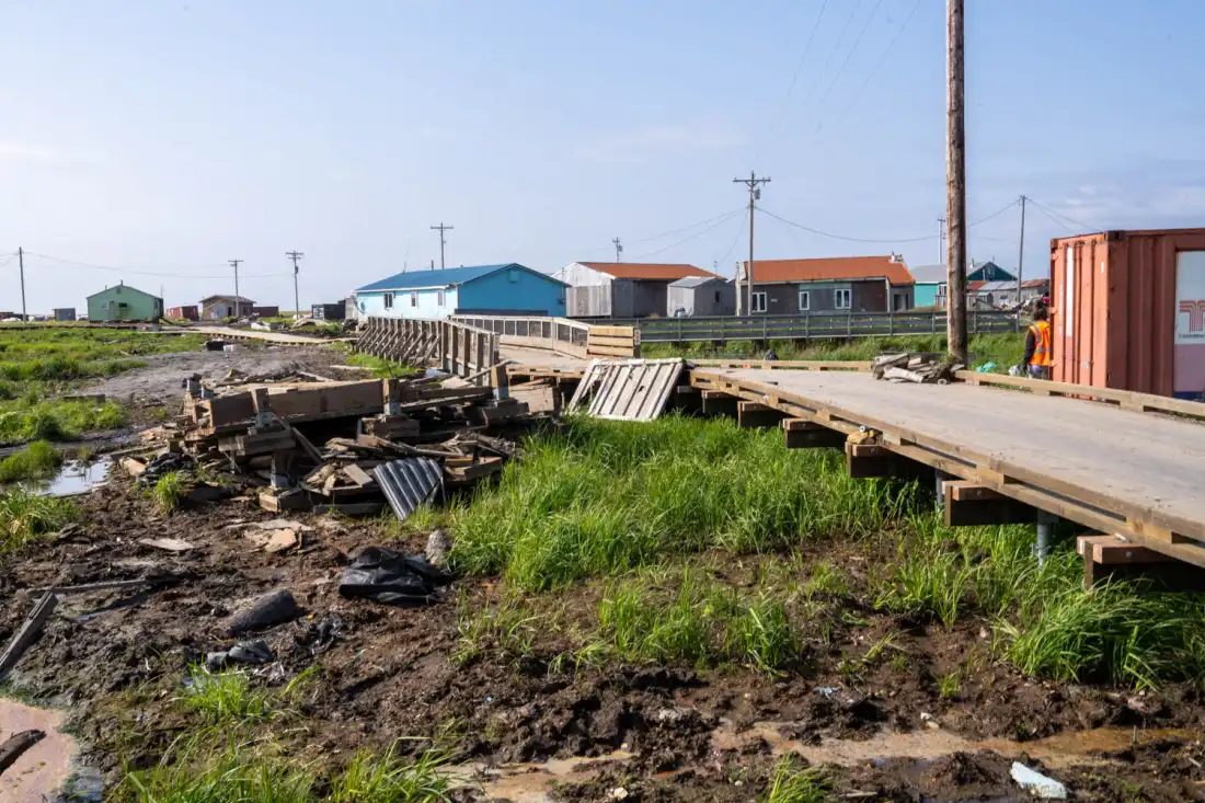 Kipnuk ten months after ex-typhoon Halong hit Alaska's coast in October of 2025.