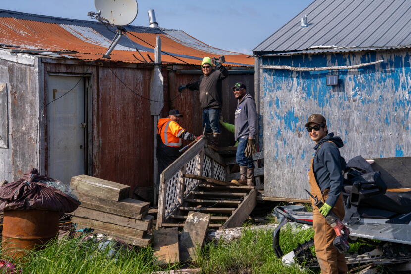 Construction crews repair storm-damaged buildings in Kipnuk on Aug. 11, 2026.