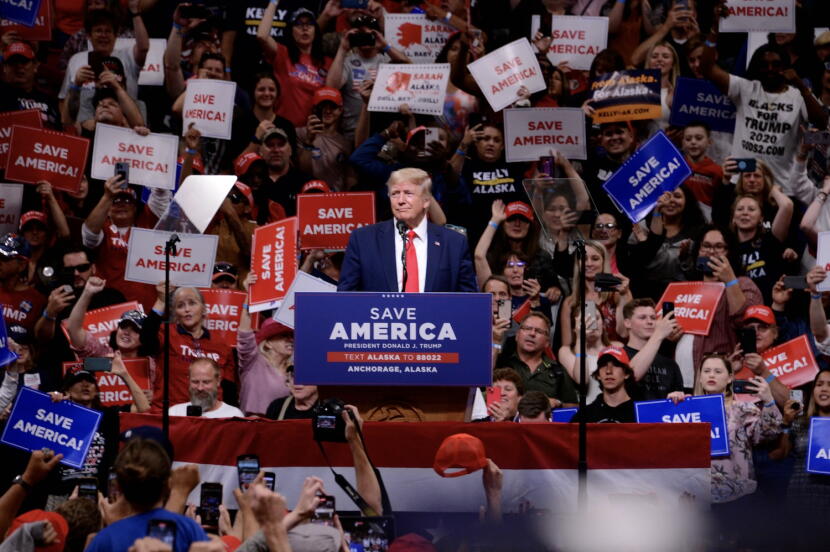 Donald Trump prepares to speak in front of a crowd at the Alaska Airlines Center in Anchorage on Saturday, July 9, 2022.