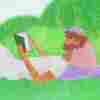 An illustration of a person reading a book in the grass.