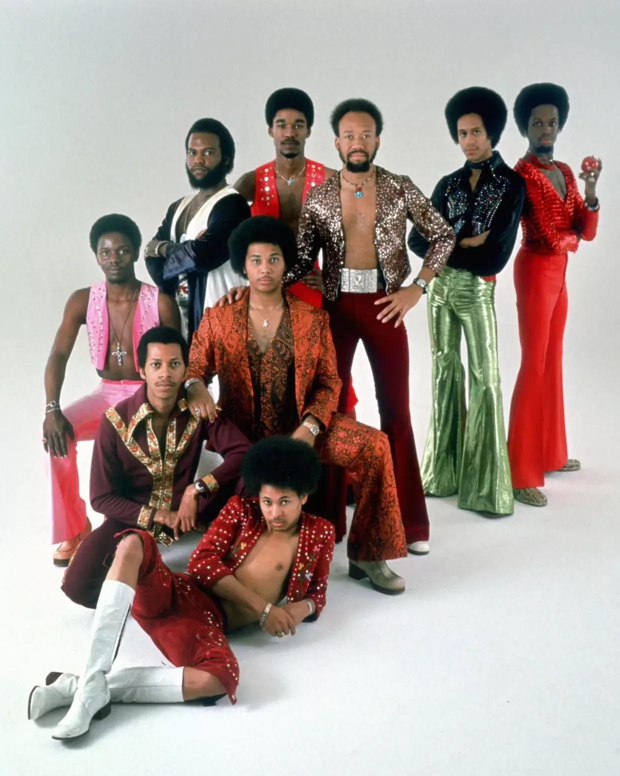 Earth, Wind & Fire pose for a studio portrait circa the mid-1970s.