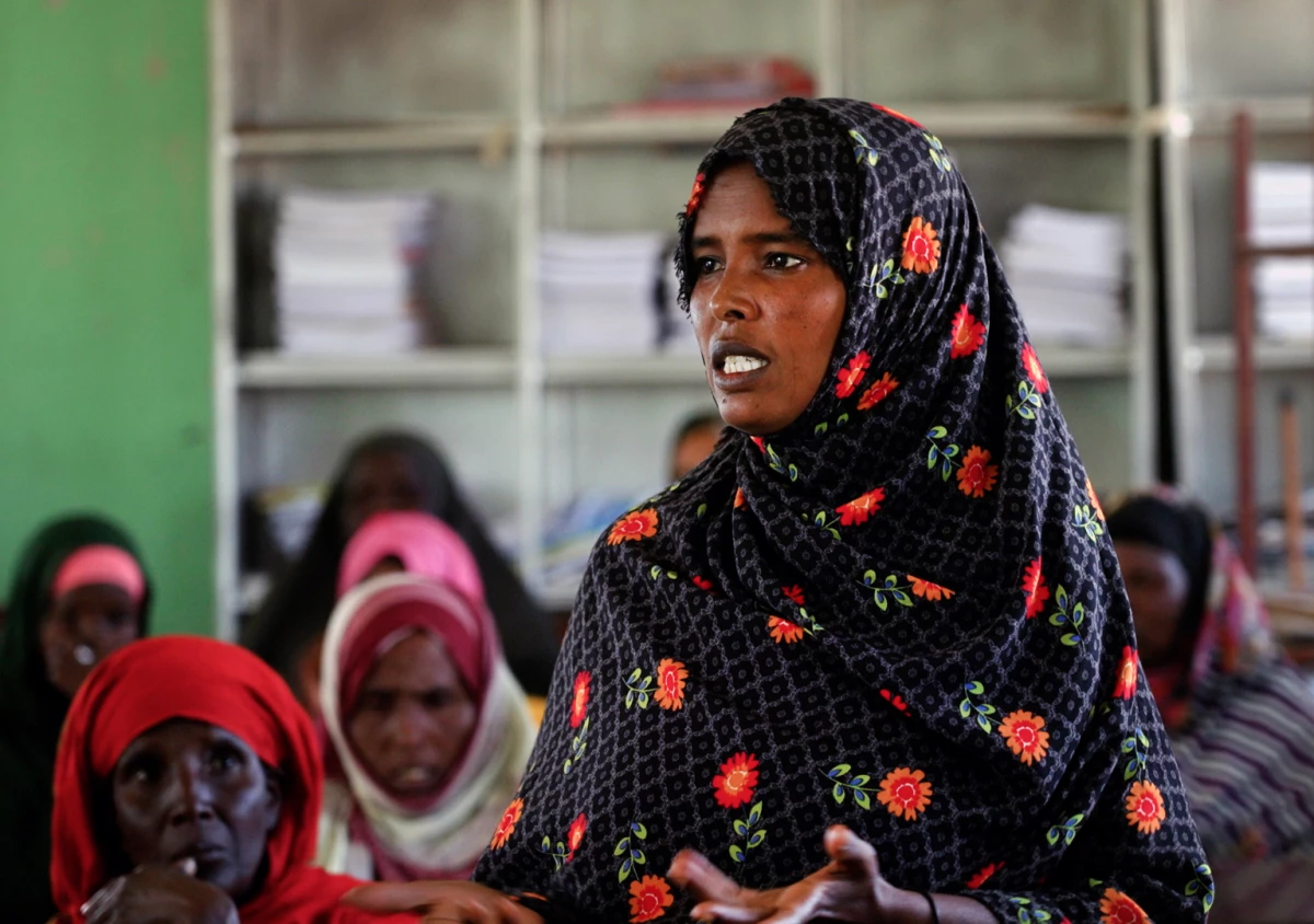 Halemu Hassan Ali speaks during a session on farming at her school in the village of Tuli Guleed. She and other farmers are deepening their agricultural skills to increase crop yields in the Somali region of Ethiopia.