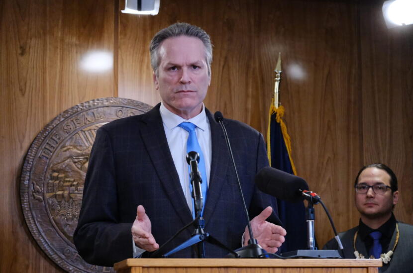 Gov. Mike Dunleavy discusses proposed education legislation at a news conference on Jan. 31, 2025.