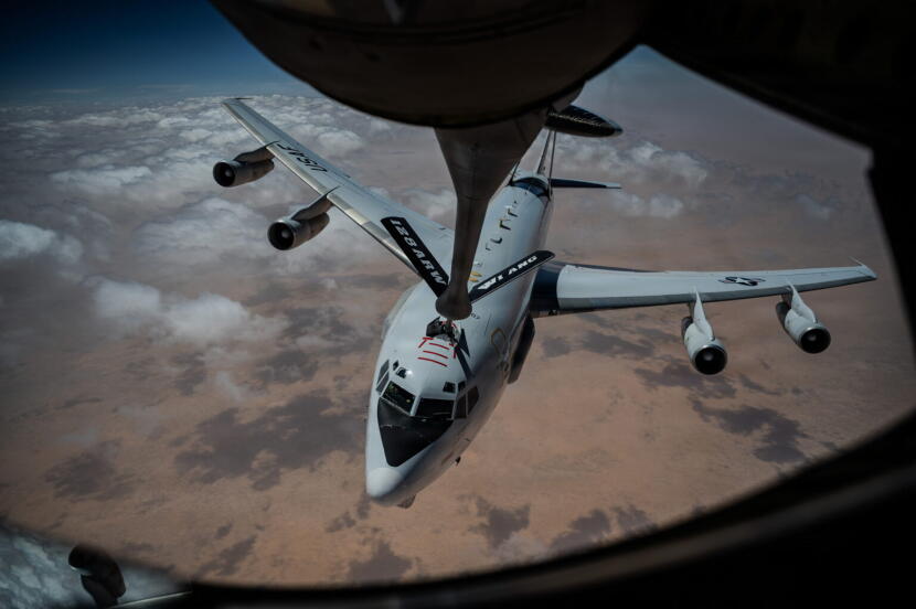 A U.S. Air Force E-3 Sentry AWACS aircraft refuels from a KC-135 Stratotanker aircraft during Operation Epic Fury, March 31, 2026.