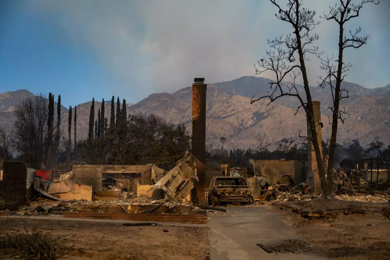 The remains of homes in Altadena, after the Eaton Fire swept through the area northeast of Los Angeles, on Thursday, Jan. 9, 2025.