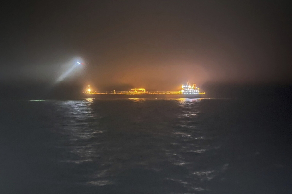 This photo provided by Rajavartiosto (Finnish Border Guard) on Thursday, Dec. 26, 2024, shows the oil tanker Eagle S at sea outside Porkkalanniemi, Finland.
