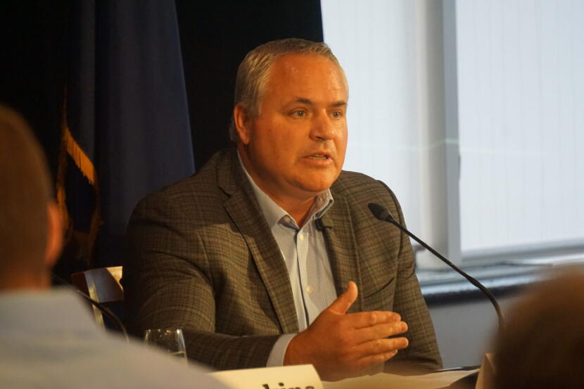 Former Attorney General Treg Taylor speaks at a Sept. 8, 2026, gubernatorial candidate forum held by the Last Frontier Republican Club at the Petroleum Club of Anchorage.