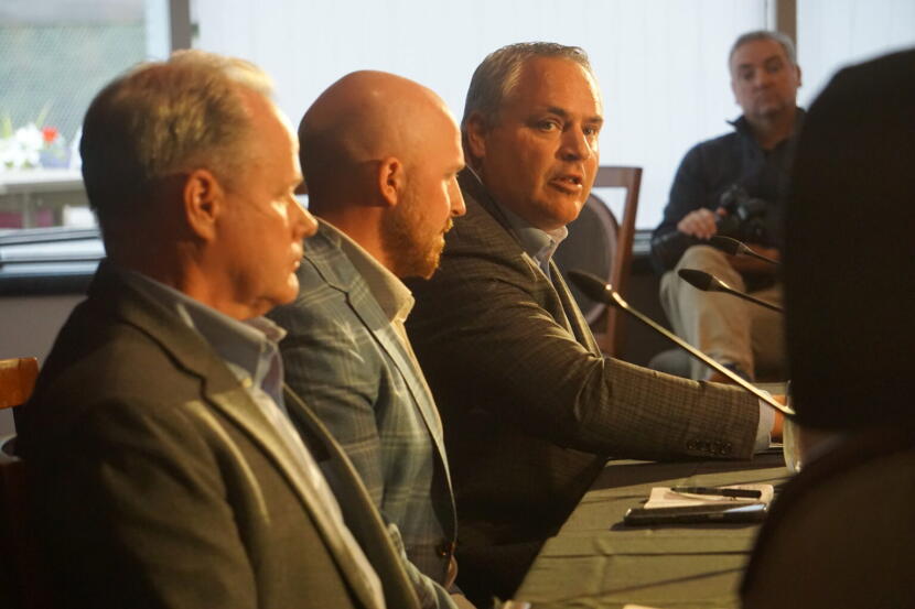 Former Attorney General Treg Taylor, at right, speaks at a Sept. 9. 2026, forum held by the Last Frontier Republican Club at the Petroleum Club of Anchorage. Next to him, from left, are two of the other three gubernatorial candidates: former Anchorage Mayor Dave Bronson, and former state Rep. Jonathan Kreiss-Tomkins.