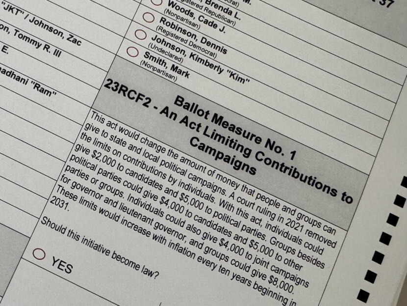 A sample ballot seen at the headquarters of the Alaska Division of Elections on Thursday, July 9, 2026, shows the language for the campaign finance ballot measure.