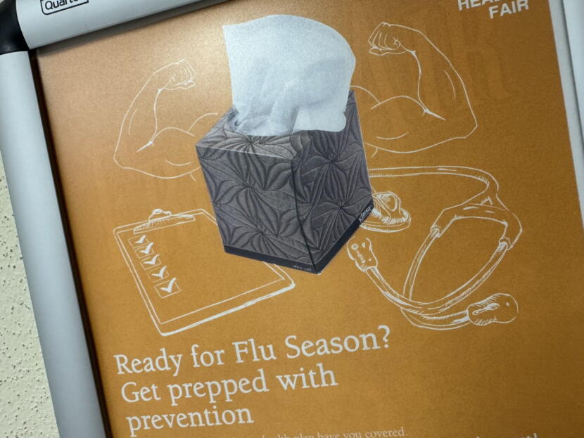 A poster in Juneau's Dimond Courthouse on Friday, Sept. 18, 2026, advises anti-flu measures.