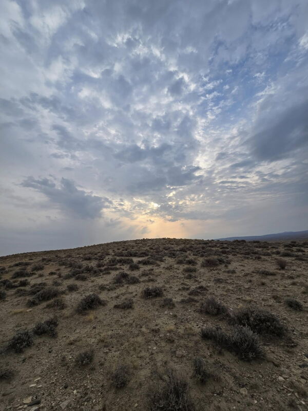 The beauty of the Wyoming landscape attracted Dr. Banu Symington to the area 30 years ago. The sun is shown low in the sky, glowing above a dry landscape of low bushes and below a striated cloudscape.