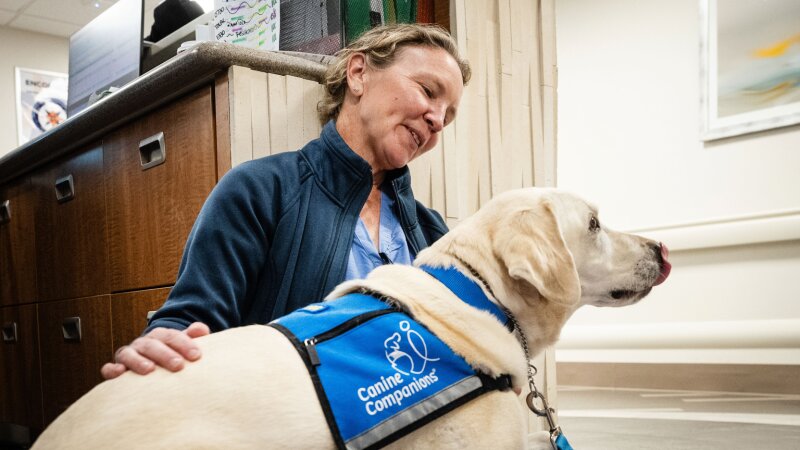 Peppi, a yellow Lab and official “Canine Companion,” sits on the lap of OB-GYN Kristina Fraser in November at the HCA HealthONE Rose medical center in Denver.