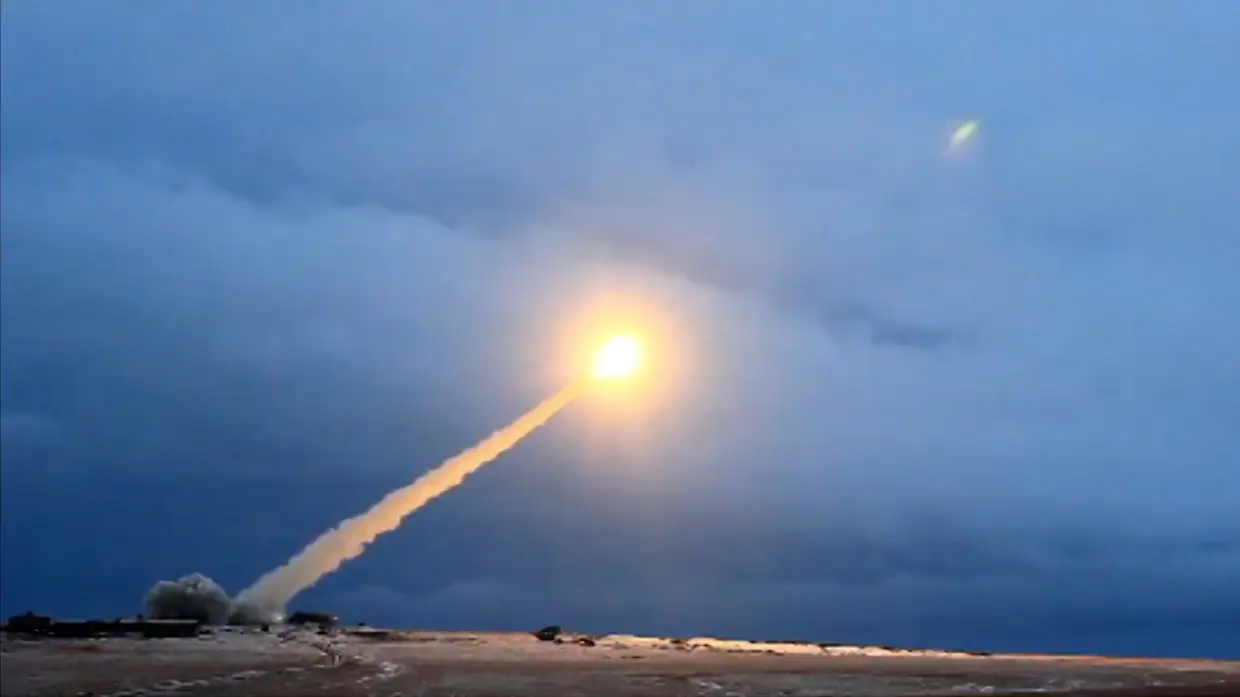 A missile is shot from a Russian island in the Arctic Circle on Oct. 21, 2025. The new weapon, known in Russian as Burevestnik and by NATO as Skyfall, was powered by a small nuclear reactor.