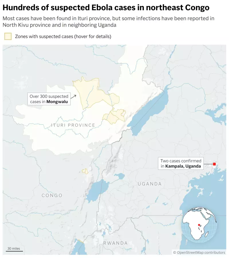 Map showing suspected Ebola cases as of May 18, 2026.