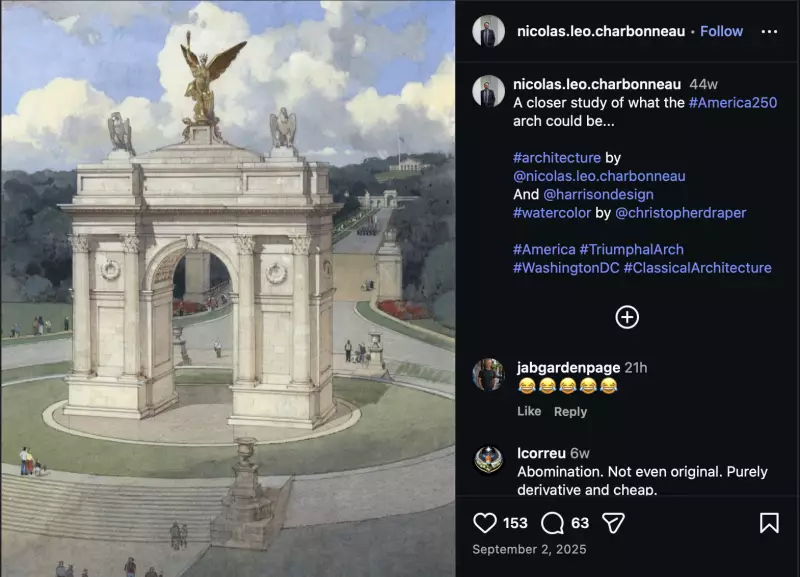 Charbonneau posted a second sketch of a taller arch in September that included a golden Lady Liberty and two birds on top.
