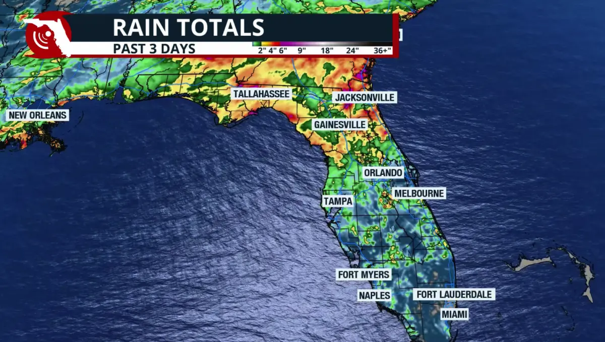 Rainfall was recorded from Monday afternoon through Tuesday afternoon across Florida. The slow-moving front will push rain southward.
