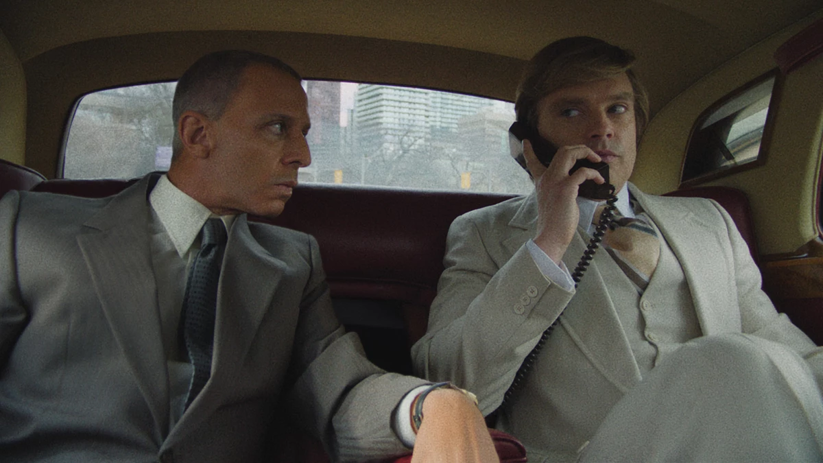 Jeremy Strong, left, plays attorney Roy Cohn and Sebastian Stan is a young Donald Trump in The Apprentice.