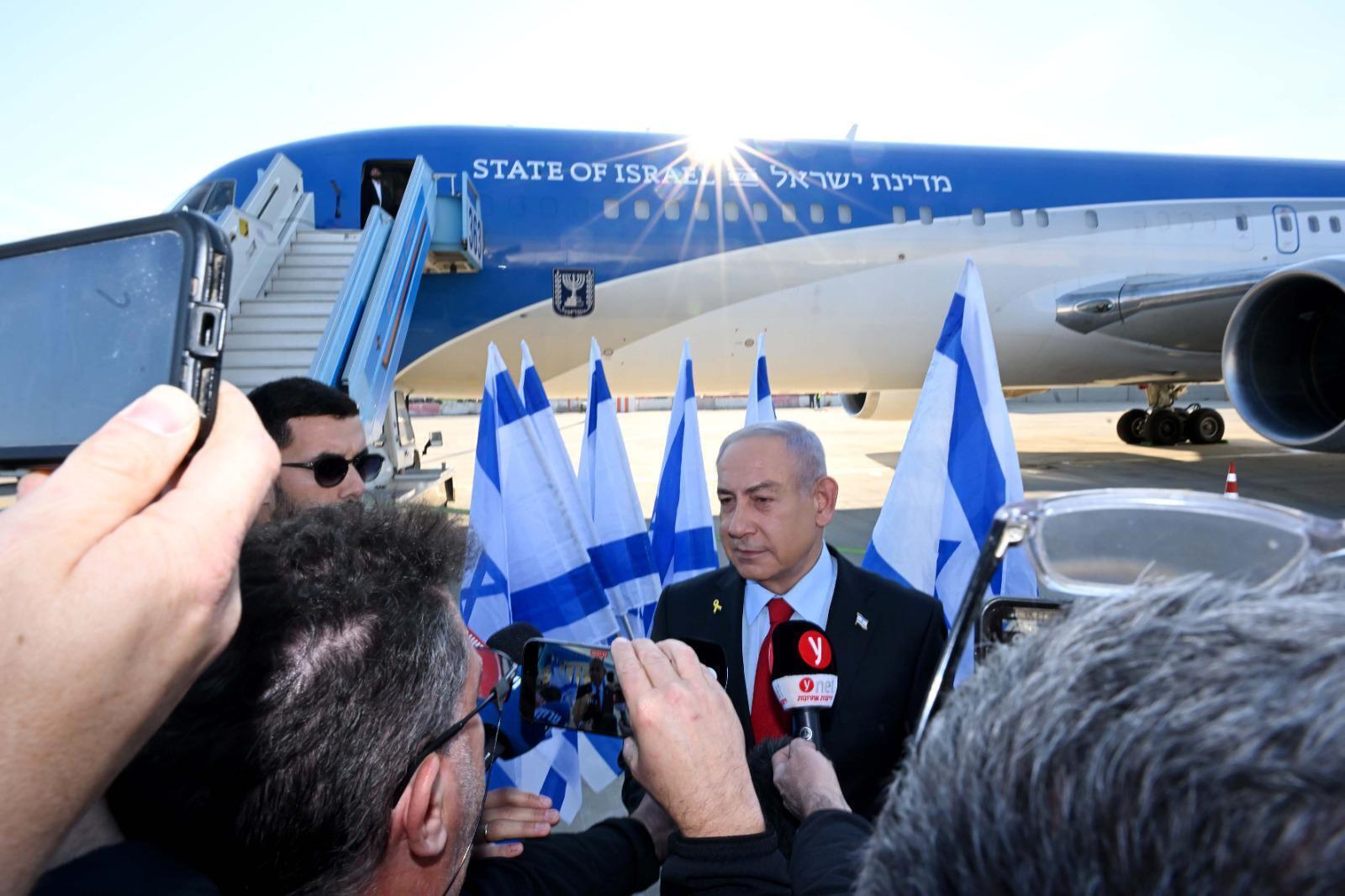Israeli Prime Minister Benjamin Netanyahu makes statements at Ben Gurion Airport in Tel Aviv, Israel, on Sunday, ahead of his visit to Washington, D.C., where he will meet with President Trump this week.