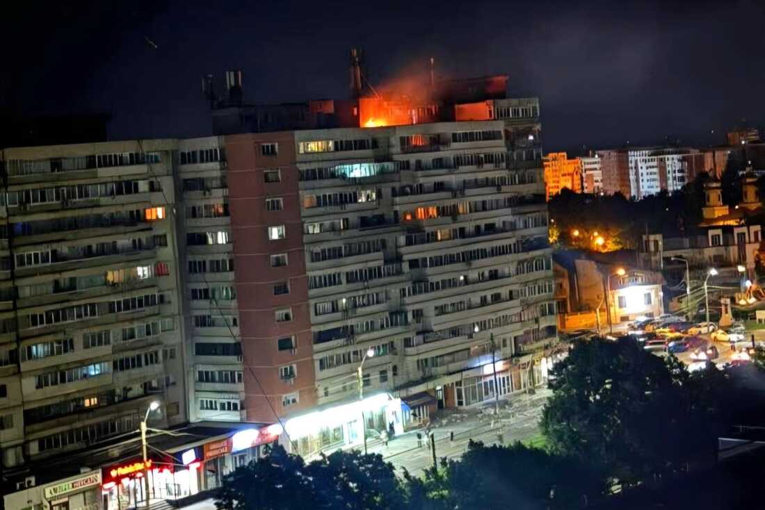 This photo released by Romania's Department for Emergency Situations shows a fire on top of a block of flats after a drone crash caused an explosion and fire on impact, in Galati, eastern Romania near the Ukrainian border, Friday May 29, 2026.