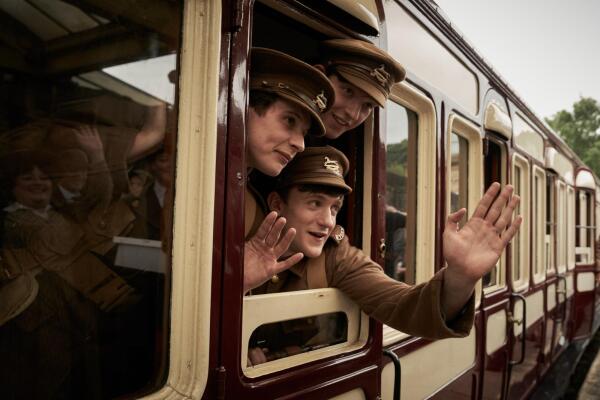 The choir in the fictional town where The Choral is set loses its members as younger men get conscripted to fight in World War I. From left: Shaun Thomas as Mitch, Taylor Uttley as Ellis and Oliver Briscombe as Lofty.