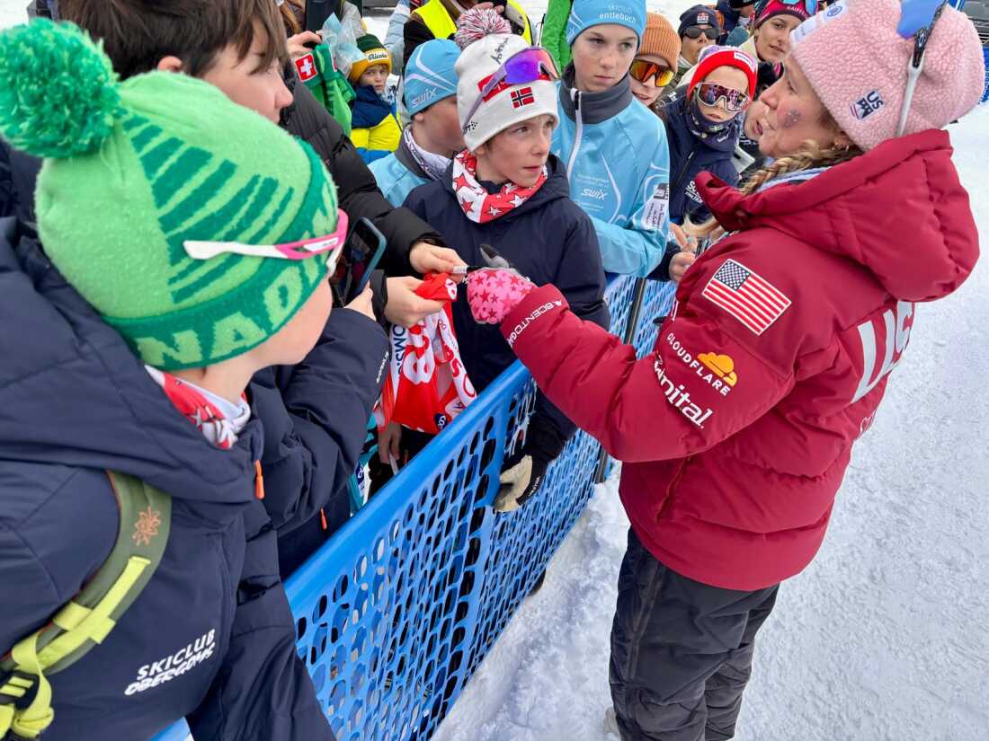Jessie Diggins meets with young fans in Goms, Switzerland. Cross-country skiing is a niche sport in the U.S. but in much of Europe the sport enjoys wide appeal.