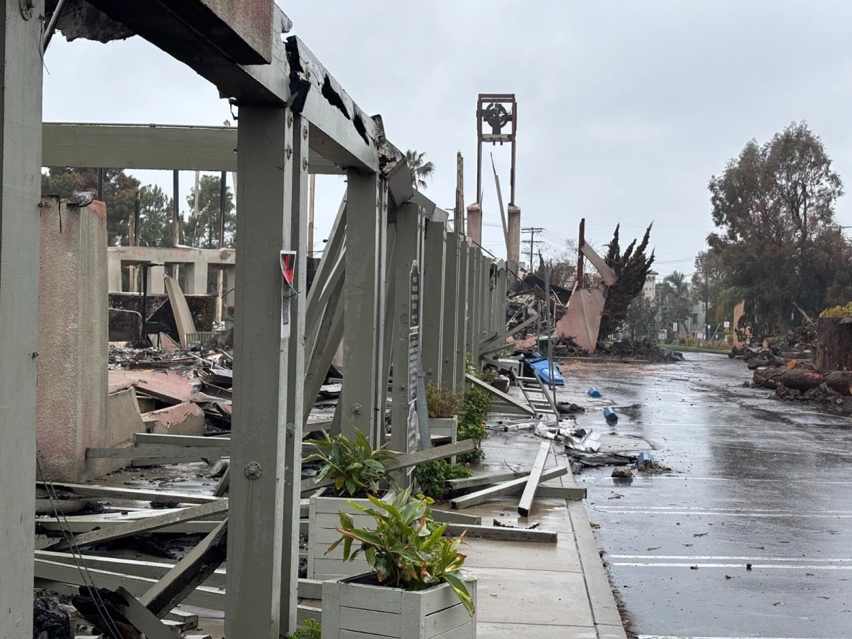 The pergola and tower of Palisades Presbyterian church lie in ruins after the Palisades Fire, which began January 7.