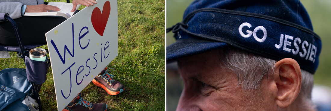 A spectator holds a sign and Mark Raderstorf wears a "Go Jessie!" hat in support of gold medal-winning Olympian and Minnesotan Jessie Digginsfor during the Superior 100 Mile Trail Race Saturday, Sept. 12, 2026 at Caribou Highlands Lodge in Lutsen, Minn.