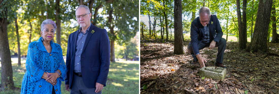 Veronica Spears (left) visits the gravesite with Marc Schindler (right), research professor at Georgetown University who is leading the Forgotten Children Initiative which is working to identify burial sites or cemeteries associated with correctional facilities across the U.S. The graves are located in a wooded area adjacent to the Maryland Veterans Cemetery. Many of the graves are marked with cement blocks.