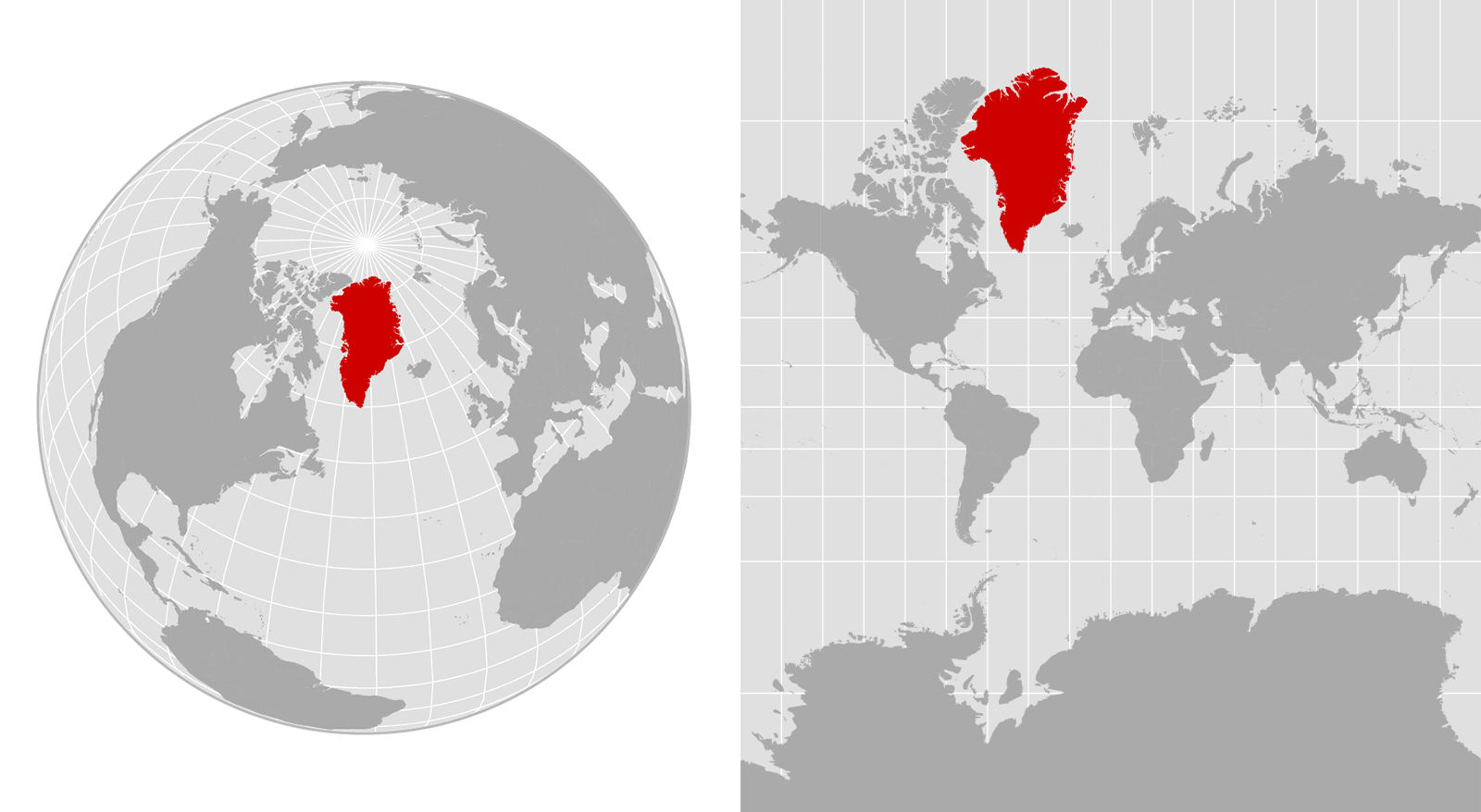 These maps show two different approaches to depicting Greenland. The left map is an orthographic projection, emulating a globe. The right map is a Mercator projection, which exaggerates the sizes of landmasses — including Greenland — that are closest to the poles. (NPR)