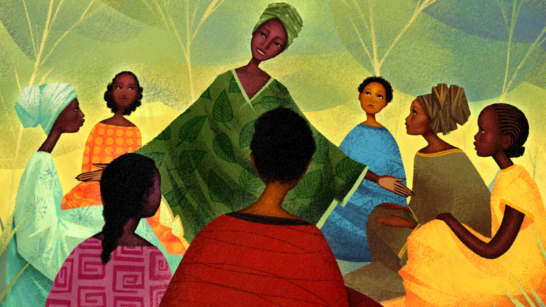 Illustration of teens and young women in a support group.