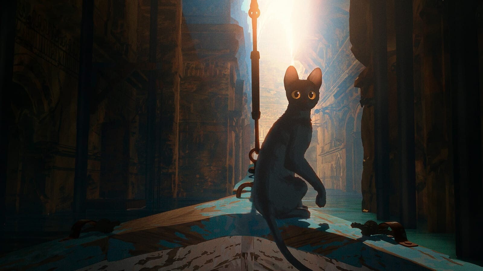 A slate-gray cat hops aboard a sailboat in an effort to avoid a great flood in <em>Flow</em>.